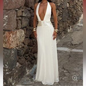 Outcast Agata Maxi Dress Gown Halter V low plunge neck Sequin White Medium NWT